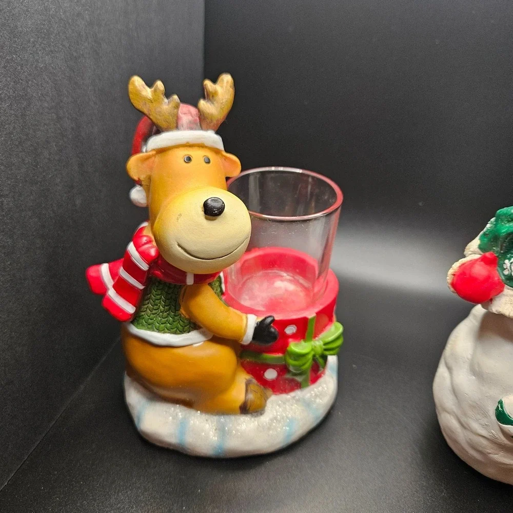 Christmas Snowman Figurine & Reindeer‎ Tealight Holder Set Holiday Decor